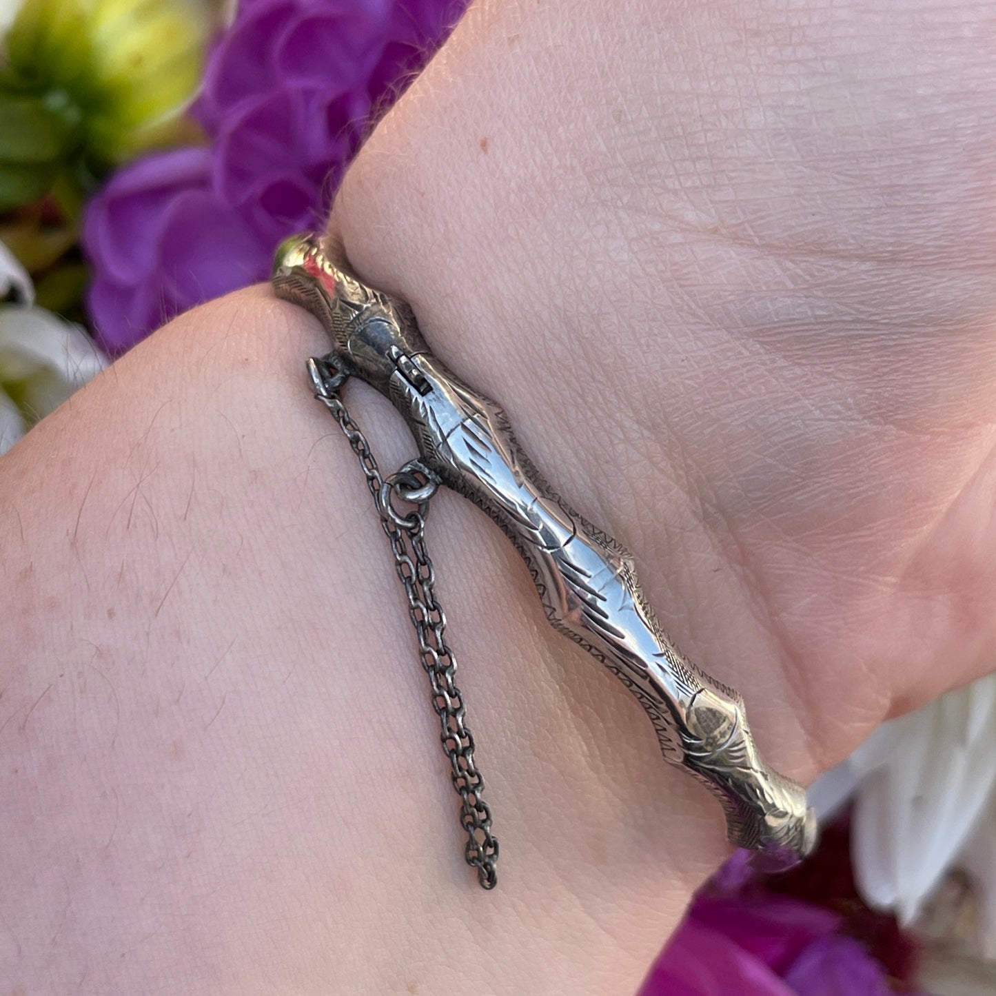 Vintage Sterling Silver Slim Etched Bamboo Bangle Bracelet