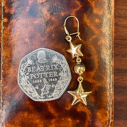 Vintage 9ct Yellow Gold Star Celestial Dropper Earrings Long Rare Moon 2.5g