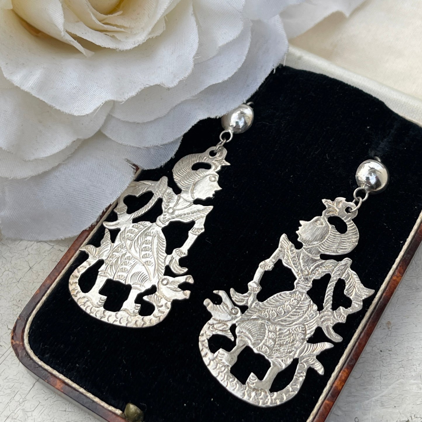 Vintage Sterling Silver Siam Dancer Dropper Earrings