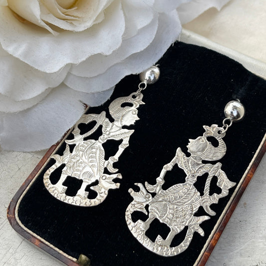 Vintage Sterling Silver Siam Dancer Dropper Earrings