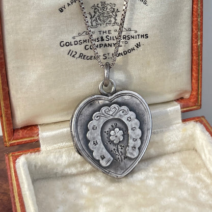 Antique Victorian Sterling Silver Heart Horseshoe Locket 1897