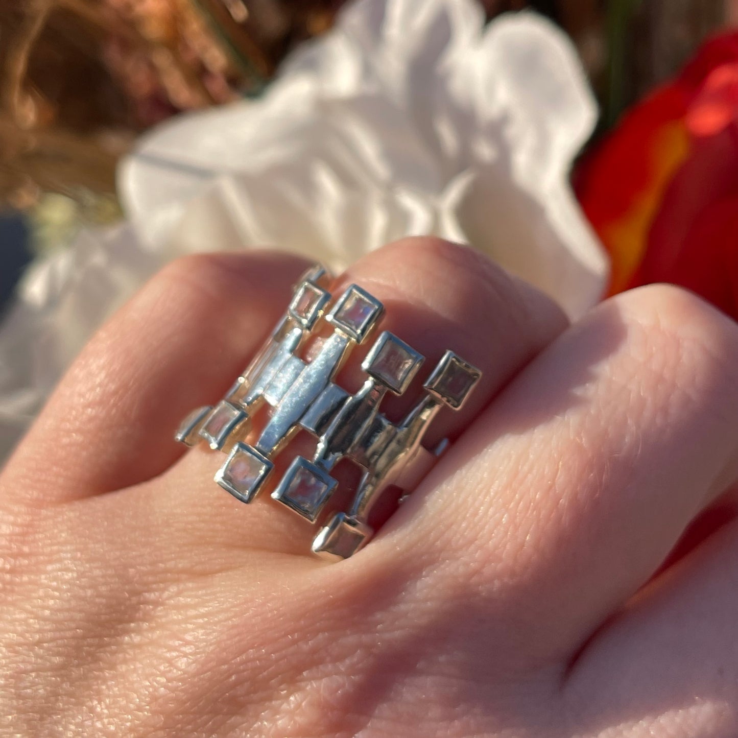 Vintage Sterling Silver Moonstone Square Modernist Statement Ring P