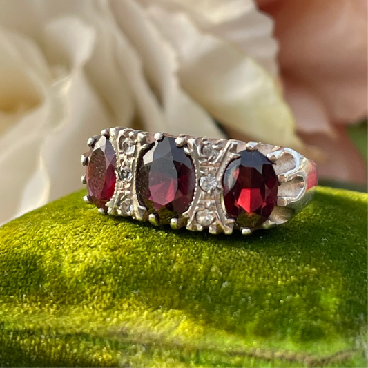 Vintage Sterling Silver 3 triple stone Gypsy Ring Victorian inspired 1977 Q 4.4g