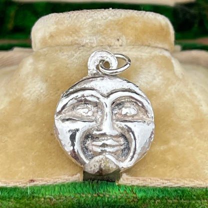 Old Vintage Sterling Silver Moon Face & Stars 3d Double Sided Charm Pendant