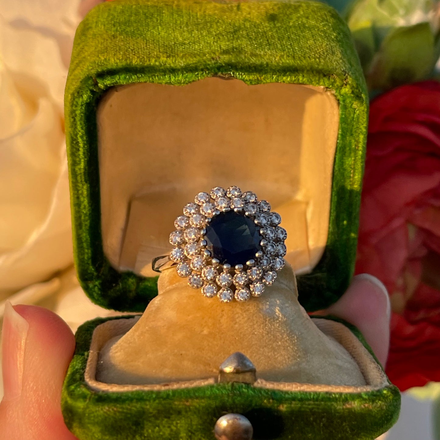 Vintage Sterling Silver 1950s Sapphire Glass Cocktail ring L