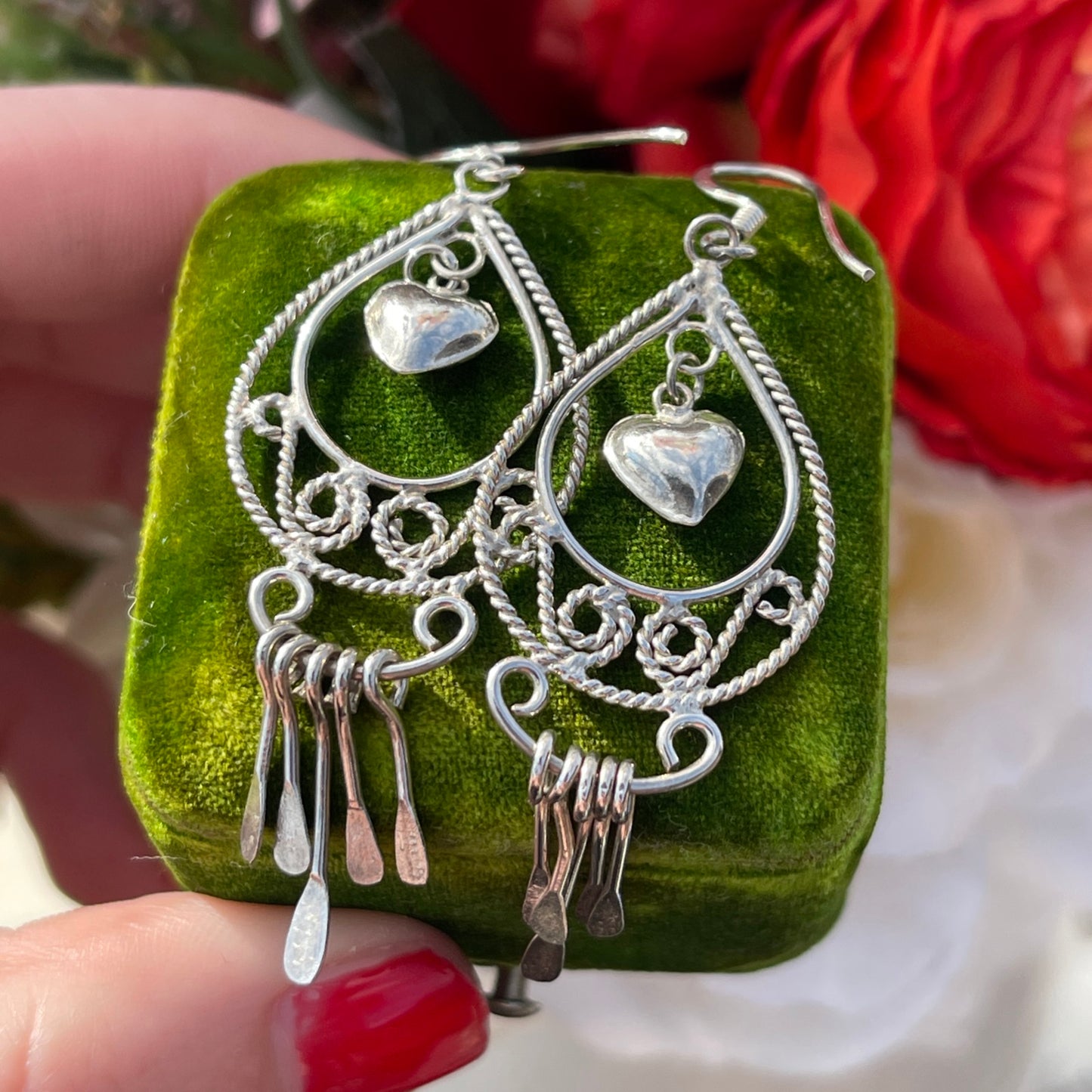 Vintage Sterling Silver Heart Charm Filigree Tear Drop Tassel Chandelier Earrings