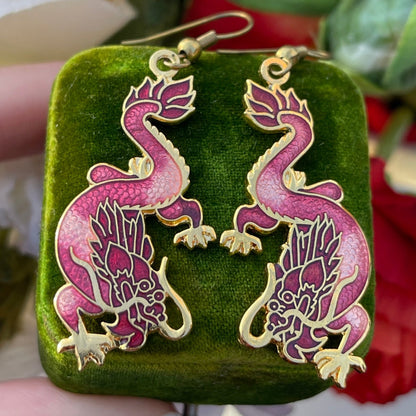 Vintage Cloisonné Mystical Red Pink Dragon Dropper Earrings