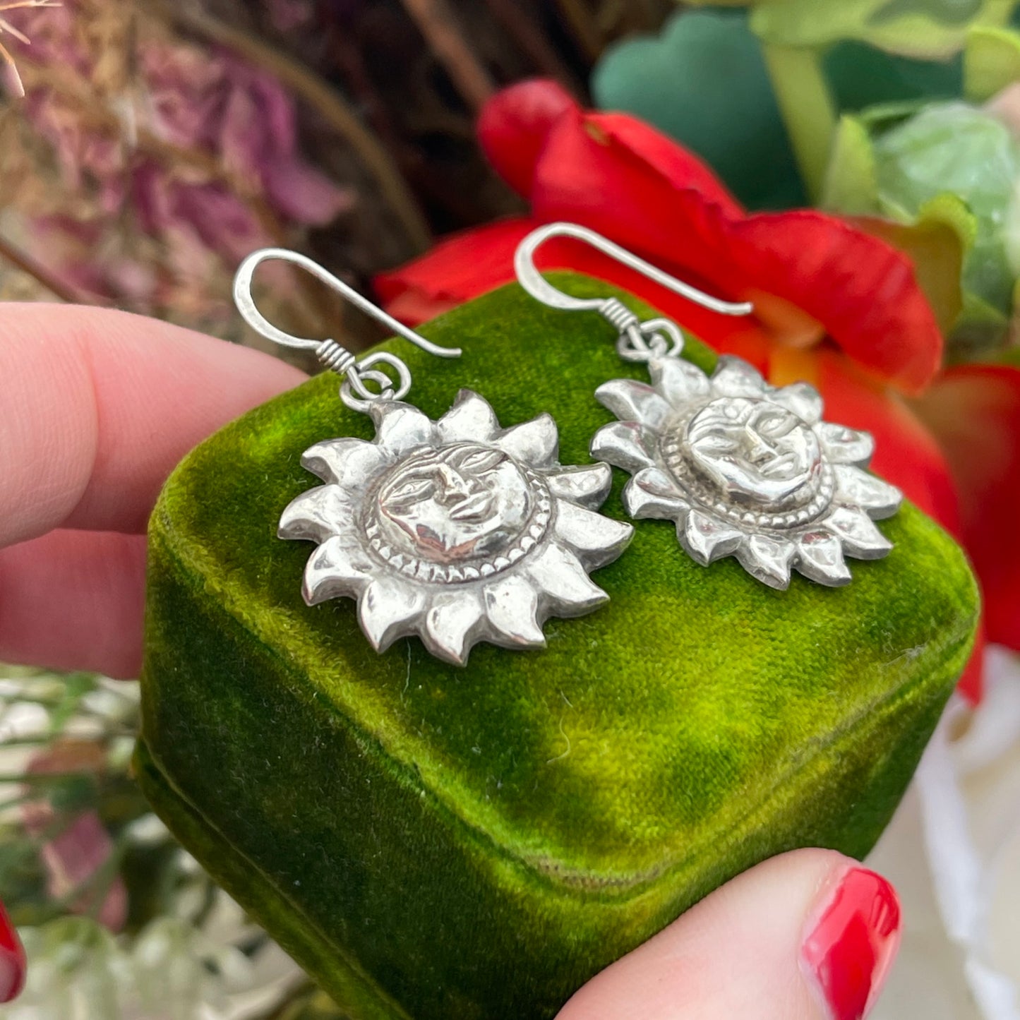 Vintage Sterling Silver Sun Face Earrings Celestial 90s