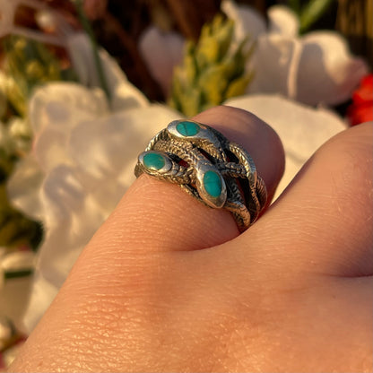 Vintage Antique Sterling Silver Turquoise triple snake ring N