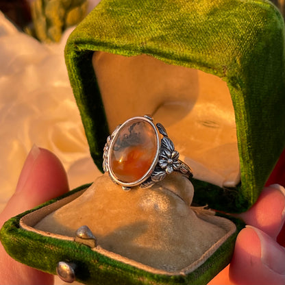 Vintage Sterling Silver Fish Moss Agate Ring Bernard Instone Arts Crafts 1910 L