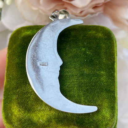 Unreleased: Vintage Large Sterling Silver Crescent Moon Face Pendant
