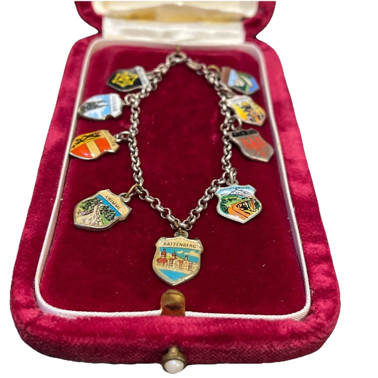 Vintage Sterling Silver Charm Bracelet Shield Travel Austria Belgium