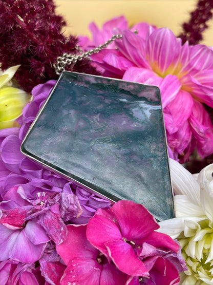 Antique Silver Huge Moss Agate Pendant Diamond Shape Necklace Art Deco Kite 25g