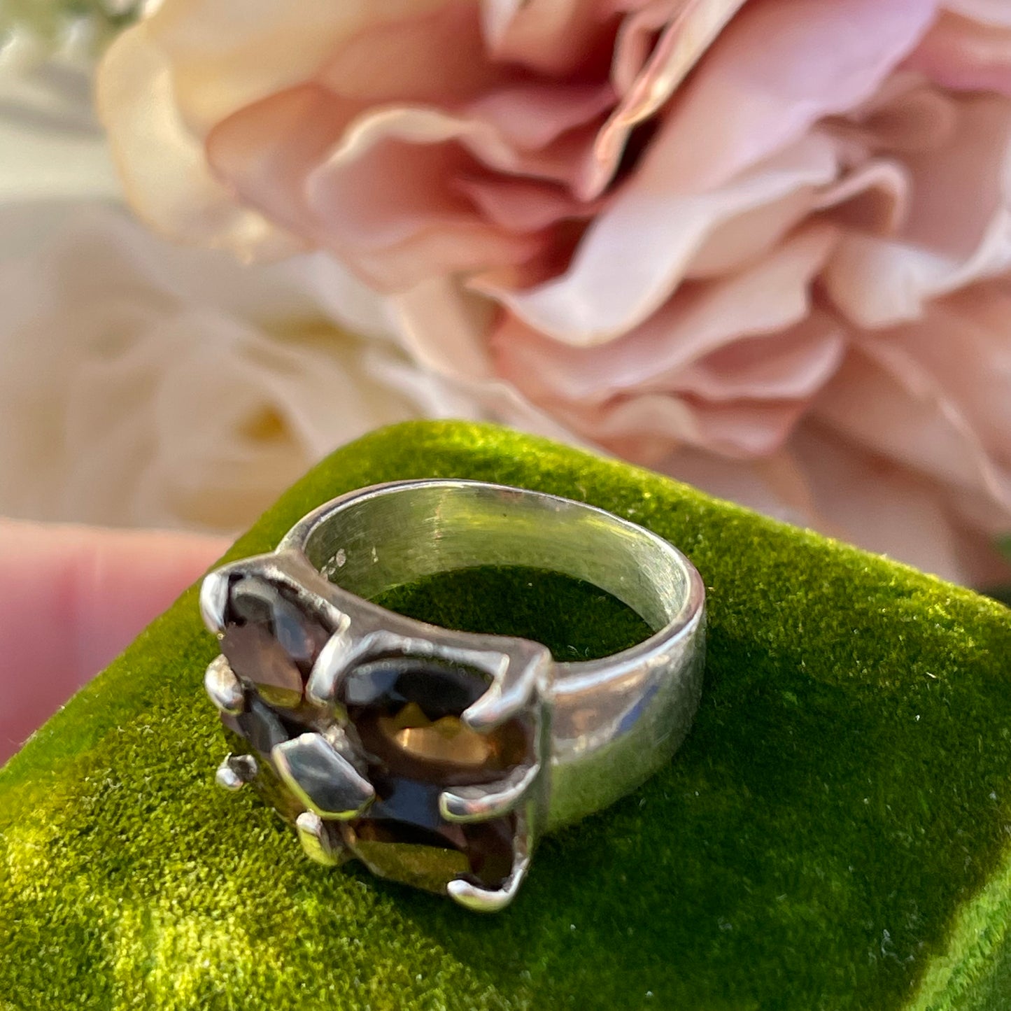 Vintage Sterling Silver Chunky Smoky Quartz Quad Ring Statement 925 L Heavy 6g