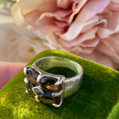 Vintage Sterling Silver Chunky Smoky Quartz Quad Ring Statement 925 L Heavy 6g
