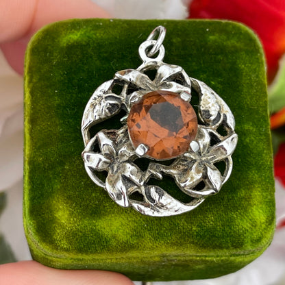 Vintage Art Nouveau Style Silver Tone Citrine Orange Glass Pendant
