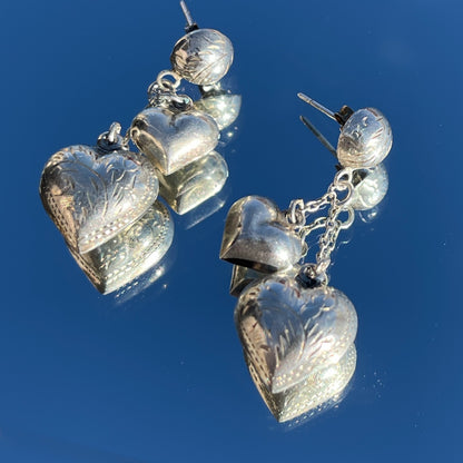 Vintage Silver Puffy Heart Charm Earrings