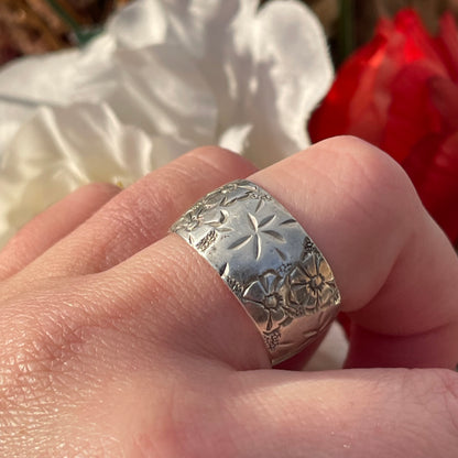 Vintage Sterling Silver Floral Star Engraved Thick Band Ring 12mm 1973 U-V