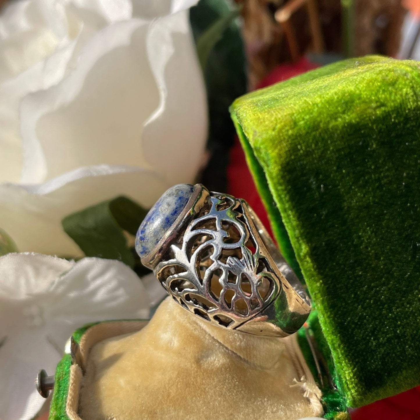 Vintage Sterling Silver Chunky Openwork Blue Ring P/Q