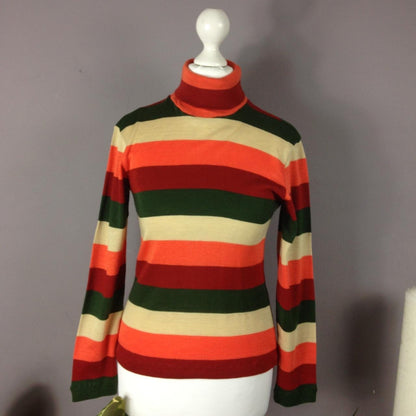 Vintage 70s clemetine cream & green stripe roll neck jumper
