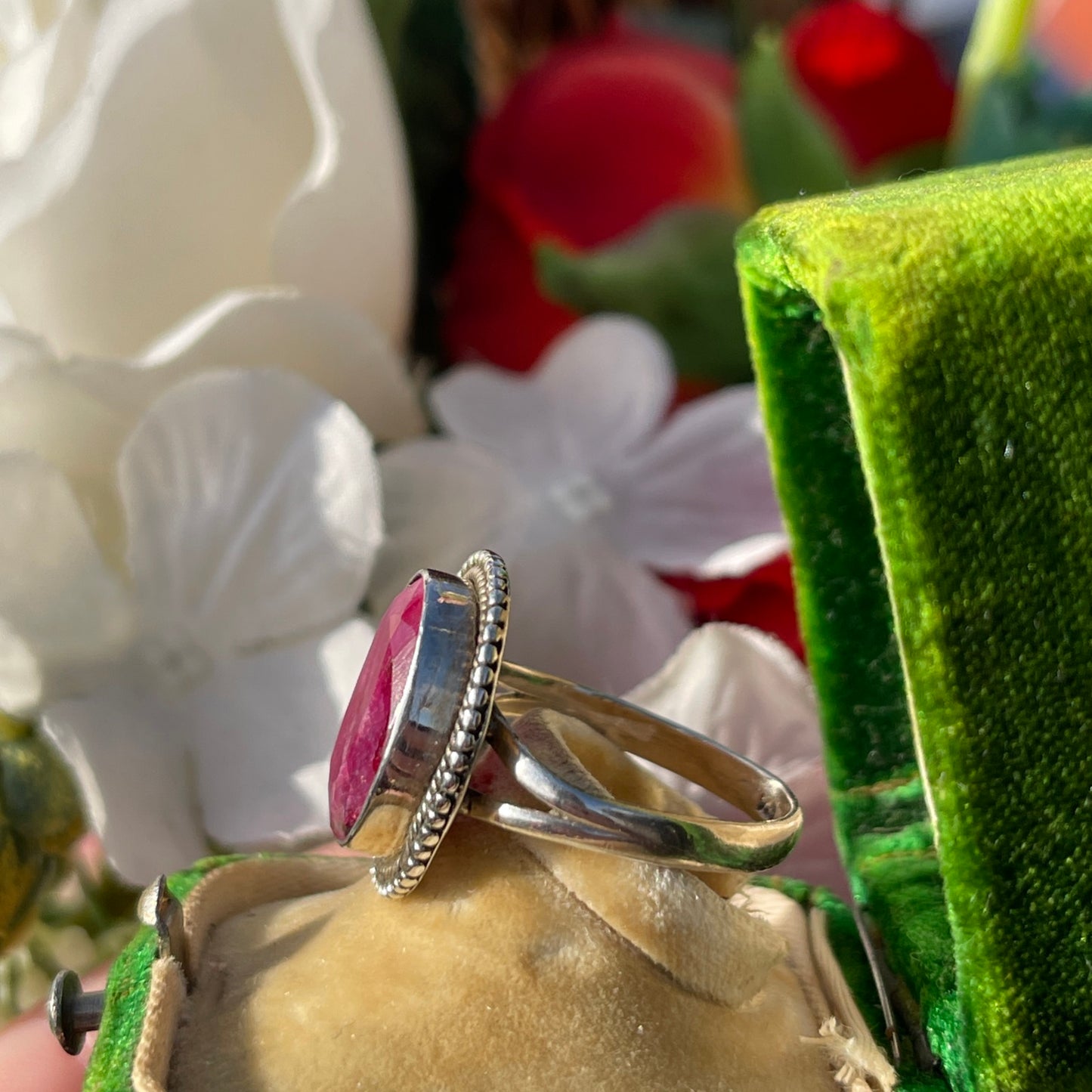 Vintage Sterling Silver Ruby Pink Statement Ring Q