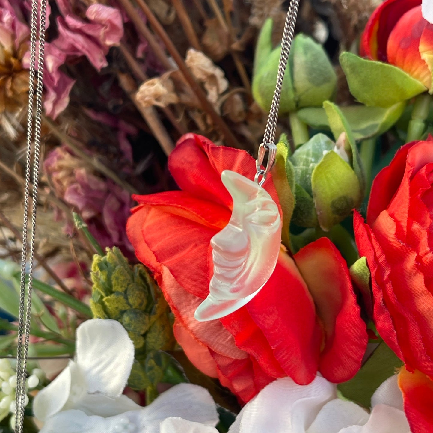 Vintage Sterling Silver Glass Moon Face Pendant Necklace