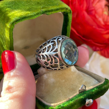Vintage Sterling Silver Openwork Chunky Ring Blue Stone P-Q Heavy 8.7g