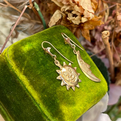 Vintage 9ct Gold Sun Moon Celestial Earrings
