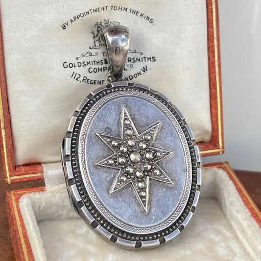 Antique Victorian Sterling Silver Star & Swallow Locket Pendant 1882