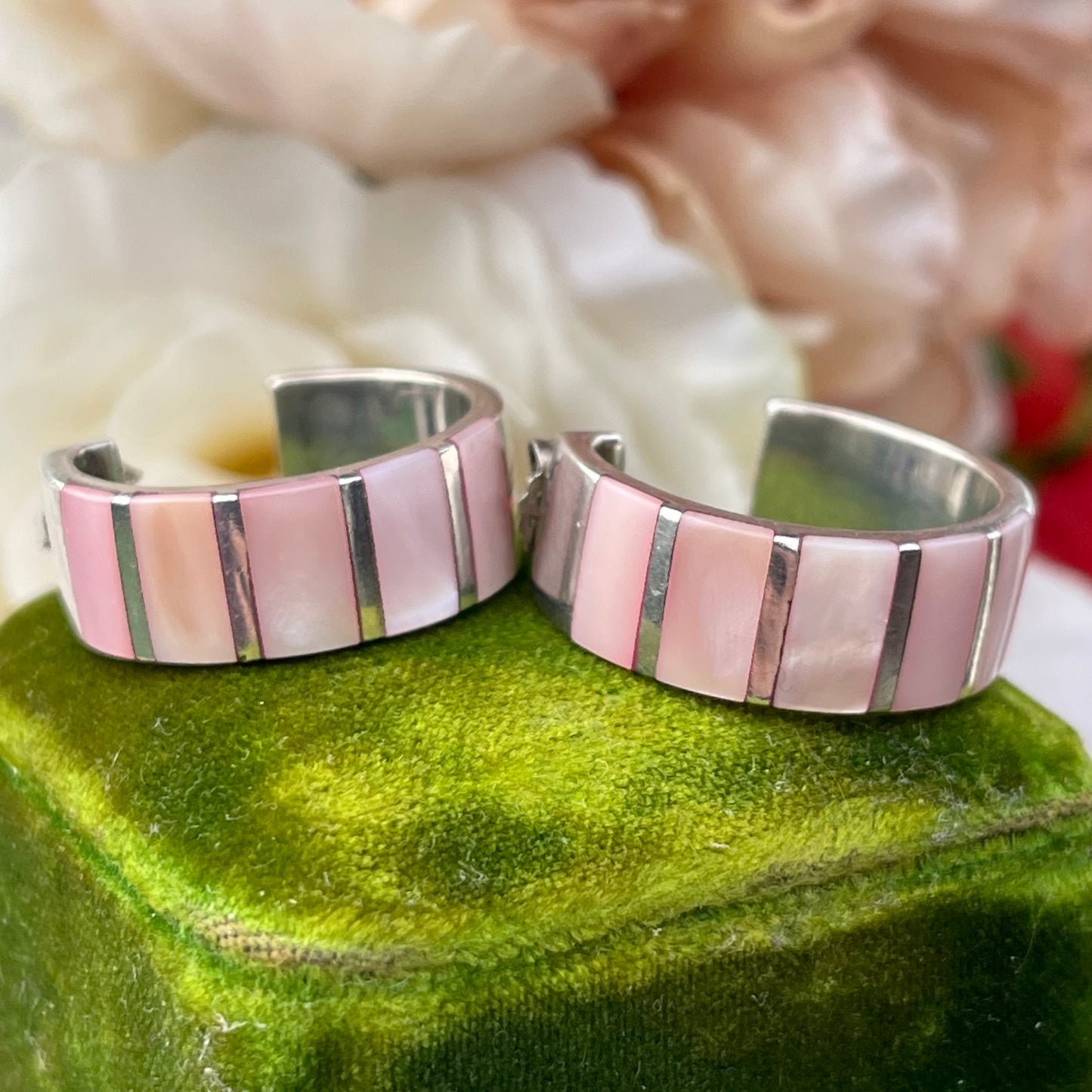Sterling Silver Pink Mother Of Pearl Bold Half Hoop Earrings