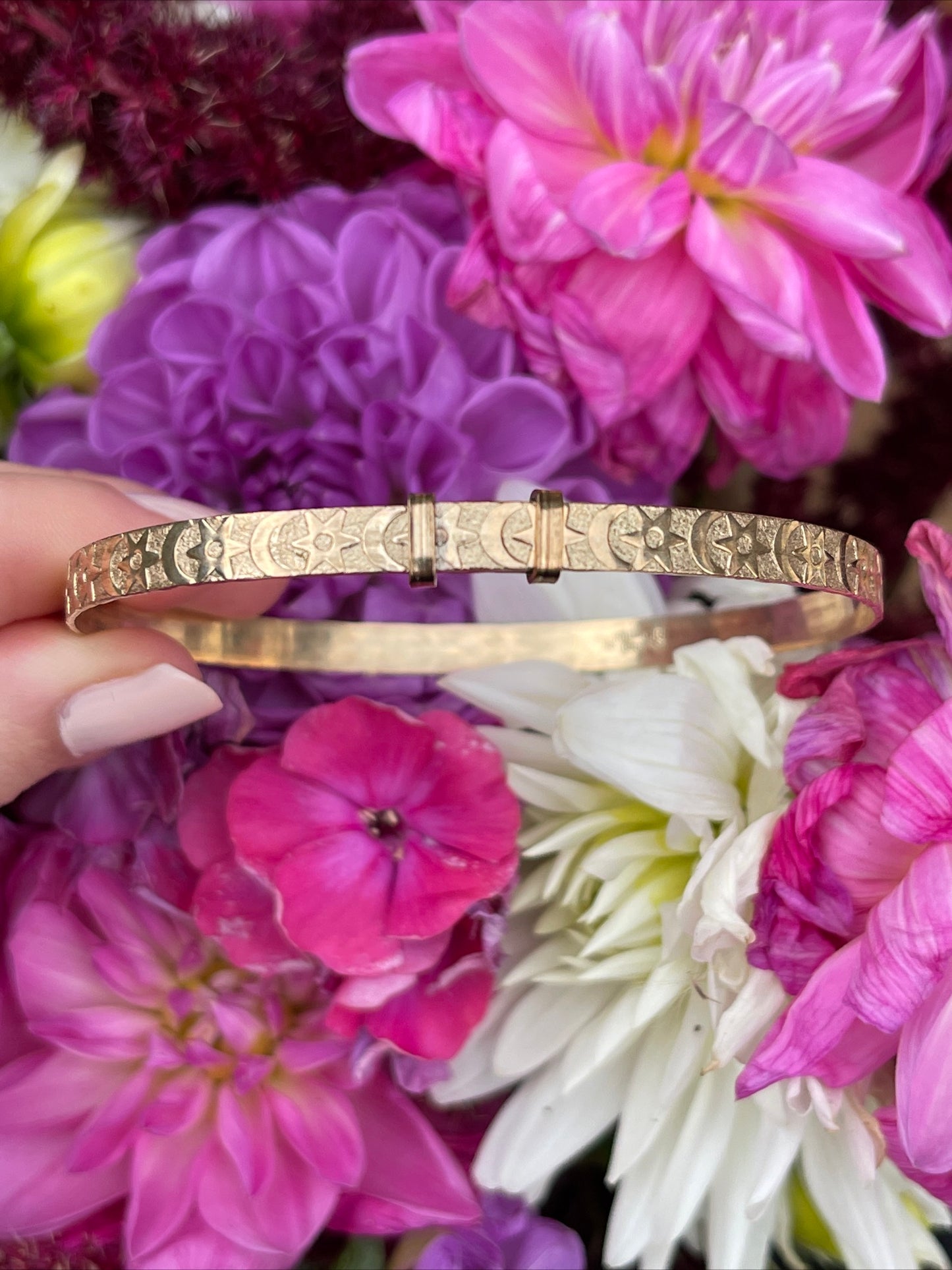 Vintage Rolled Gold Stars Moons Etched Bangle Bracelet