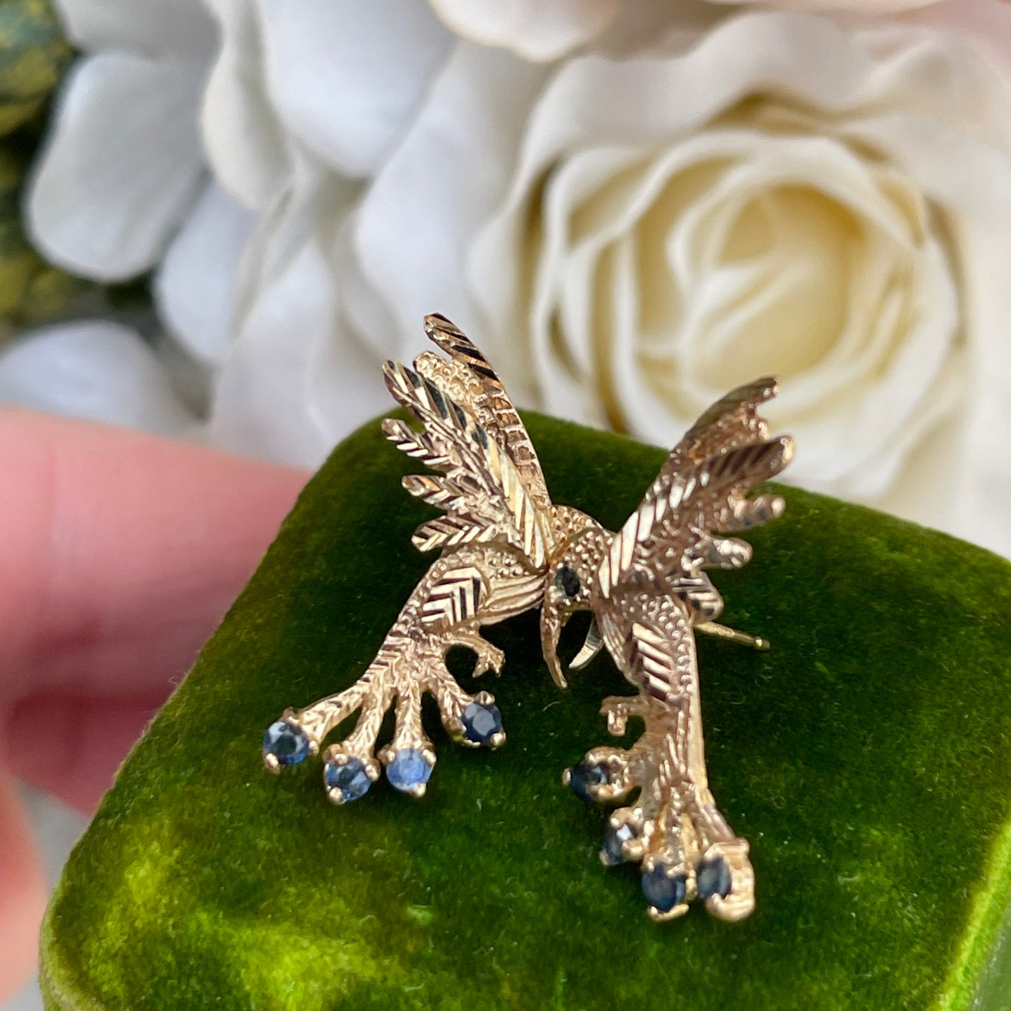 Vintage 9ct Yellow Gold Sapphire Hummingbird Bird Stud Earrings Rare 2.9g