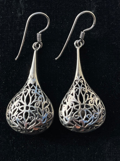 Vintage Sterling Large Open work Filigree Tear Drop Dropper Earrings