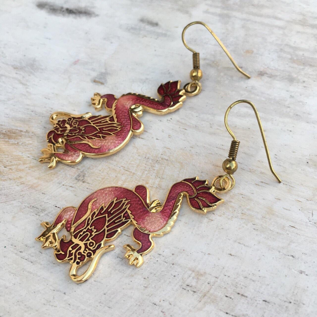 Vintage cloisonne red dragon earrings