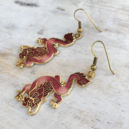 Vintage cloisonne red dragon earrings
