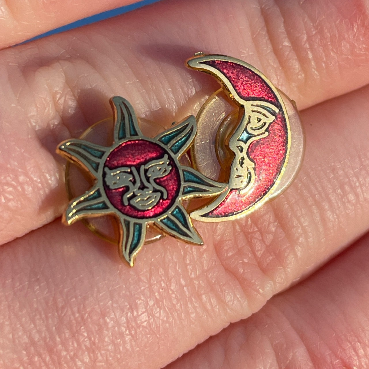 Vintage Red Cloisonné Celestial Stud Earrings