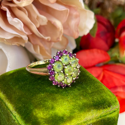 9ct Gold Peridot And Amethyst Cluster Flower Ring Yellow Gold R 3.5g