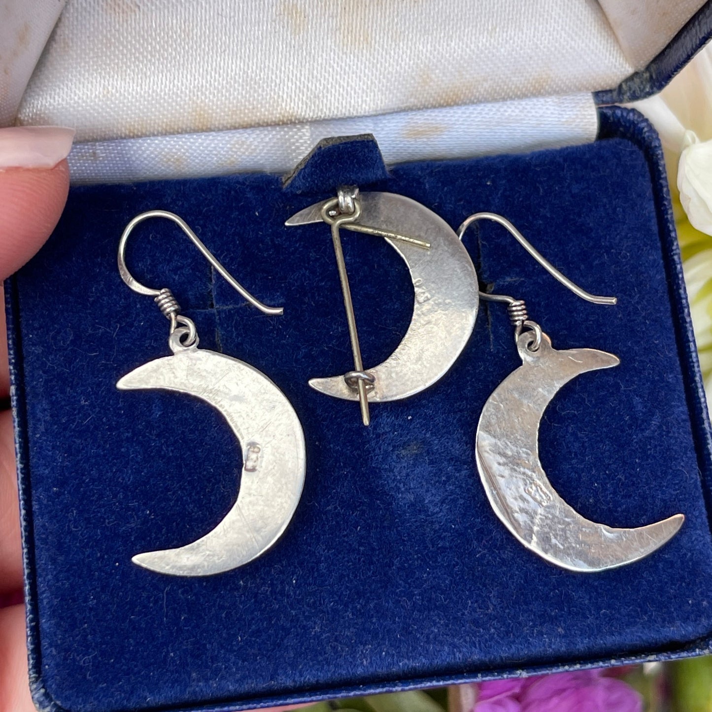 Antique Victorian Silver Moon Earrings & Brooch Set
