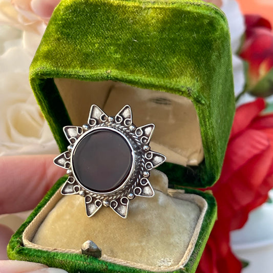 Vintage Sterling Silver 90s Indian Sun Burgundy Ring M 6.4g
