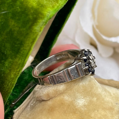 Vintage Sterling Silver Diamond & Sapphire Flower Cluster Ring 925 O
