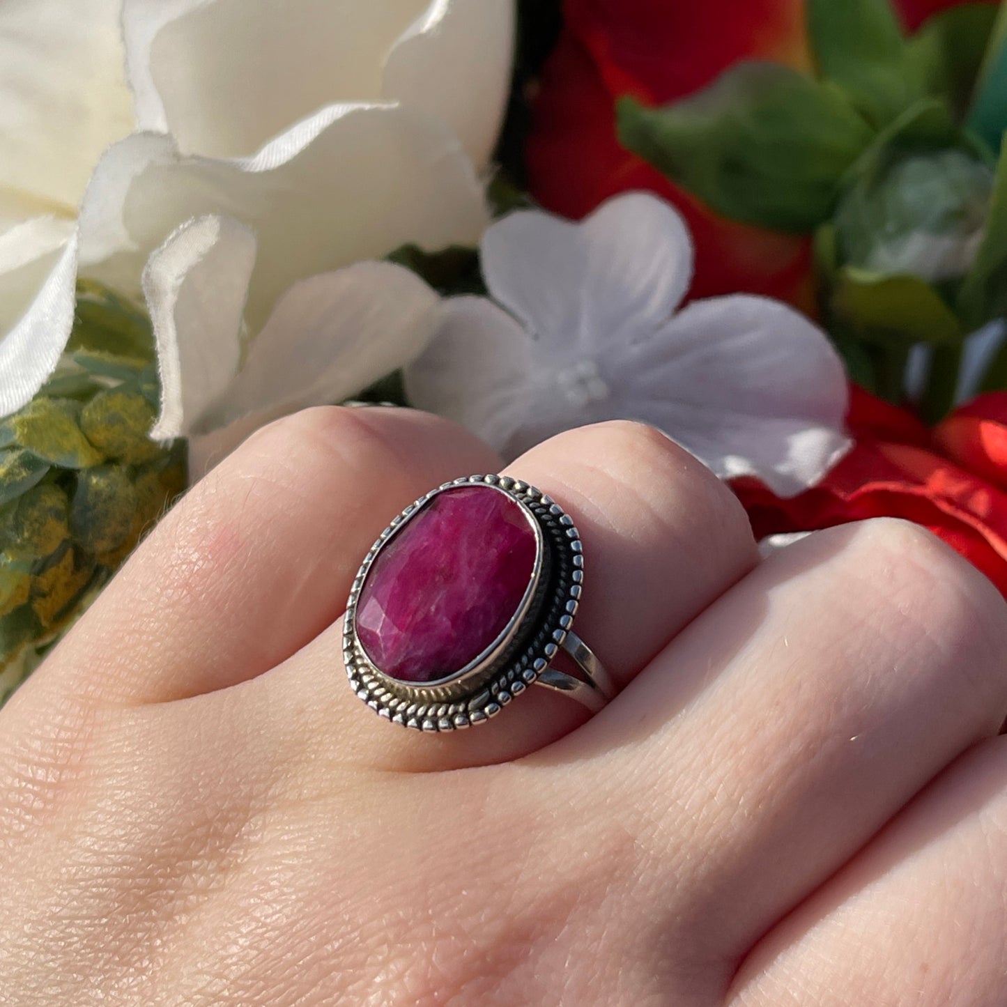 Vintage Sterling Silver Ruby Pink Statement Ring Q