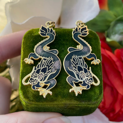 Vintage Cloisonné Mystical Black Grey Dragon Dropper Earrings