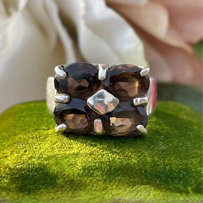 Vintage Sterling Silver Chunky Smoky Quartz Quad Ring Statement 925 L Heavy 6g