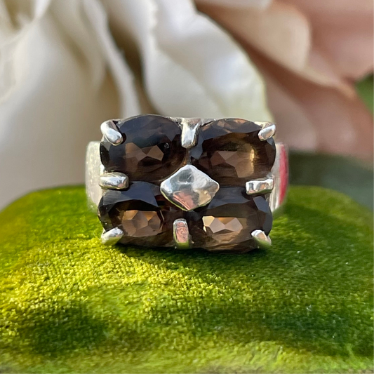 Vintage Sterling Silver Chunky Smoky Quartz Quad Ring Statement 925 L Heavy 6g