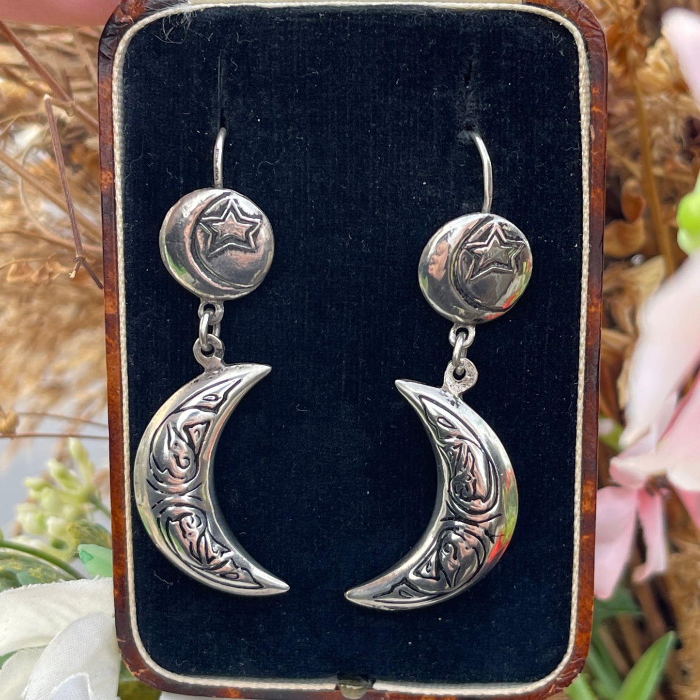 Vintage Silver Crescent Moon & Star earrings