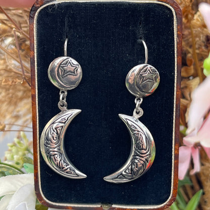 Vintage Silver Crescent Moon & Star earrings
