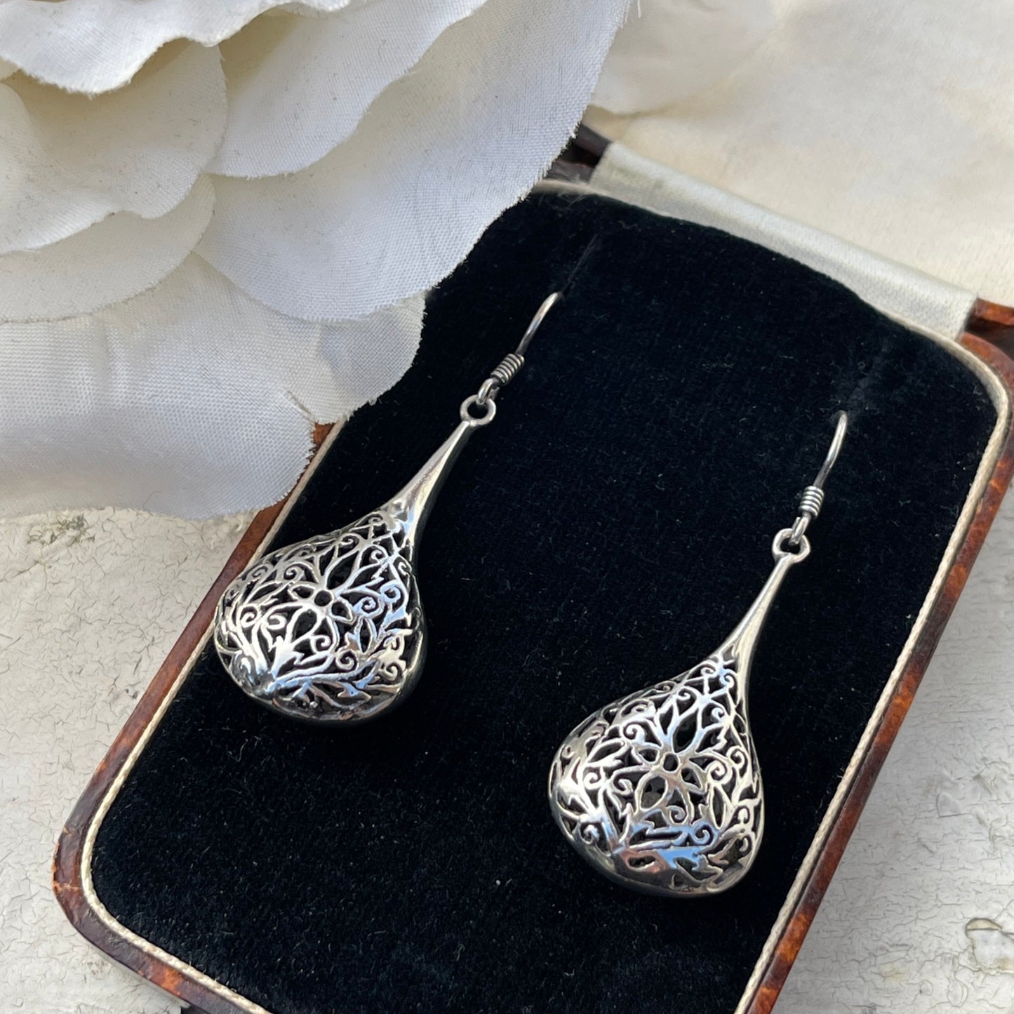 Vintage Sterling Large Open work Filigree Tear Drop Dropper Earrings