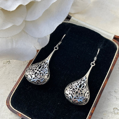 Vintage Sterling Large Open work Filigree Tear Drop Dropper Earrings