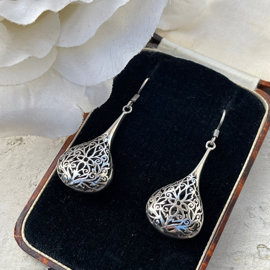 Vintage Sterling Large Open work Filigree Tear Drop Dropper Earrings