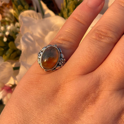 Vintage Sterling Silver Fish Moss Agate Ring Bernard Instone Arts Crafts 1910 L